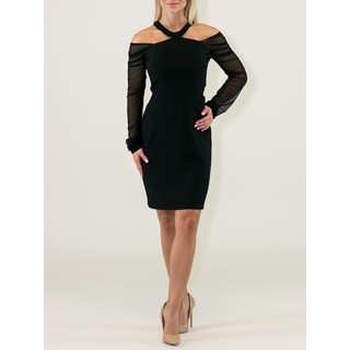 Little Polyester/Viscose Black Dress with Jewel Neck and Cold Shoulders