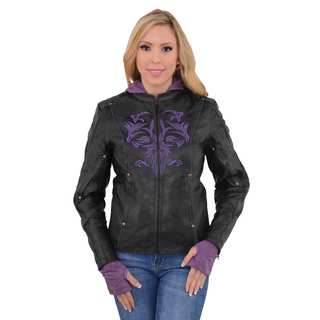 Women's Black/Purple Leather Jacket with Reflective Tribal Detail