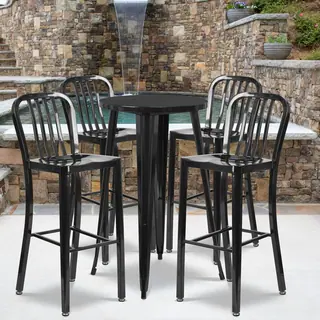 24-inch Round Metal Indoor-Outdoor Bar Table Set with 4 Vertical Slat Back Barstools