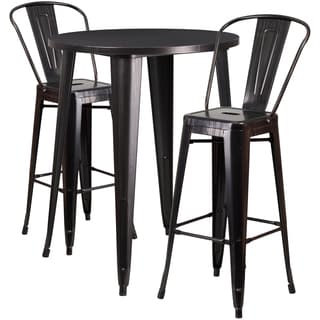 30-inch Round Black-Antique Gold Metal Indoor-Outdoor Bar Table Set with 2 Cafe Barstools