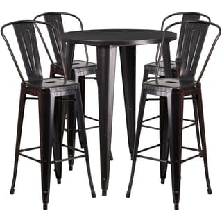 30-inch Round Black-Antique Gold Metal Indoor-Outdoor Bar Table Set with 4 Cafe Barstools