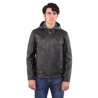 Men's Snap Collar Leather Moto Jacket with Removable Hood