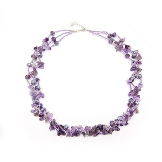 Handcrafted 3-layer Amethyst Chip and Crystal Beads Cluster Necklace (Thailand)
