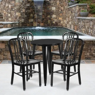 24-inch Round Metal Indoor-Outdoor Table Set with 4 Vertical Slat Back Chairs