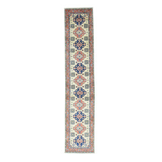 Hand-Knotted Tribal And Geometric Design Kazak Runner Rug (2'7x13')
