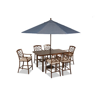 Trisha Yearwood Outdoor Espadrille Driftwood High Dining Set with Demo Denim 9 ft. Umbrella