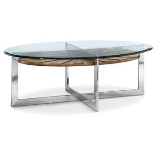 Magnussen Rialto Acacia and Pine Veneer Wood, Brushed Nickel Metal, and Glass Oval Cocktail Table