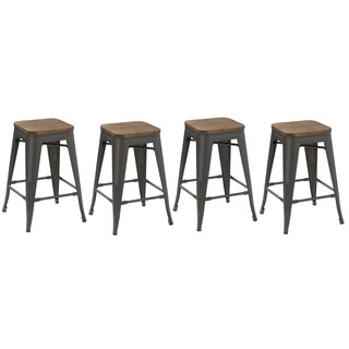 Insdustrial Stackable Antique Distressed Gunmetal 24-inch Steel Counter Barstool with Wood Seat (4 Pack Bar stools)