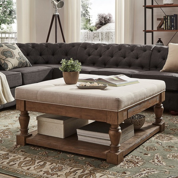 Lennon Baluster Pine Storage Tufted Cocktail Ottoman by iNSPIRE Q Artisan