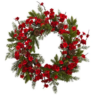 Nearly Natural 24-inch Plum Blossom Pine Wreath