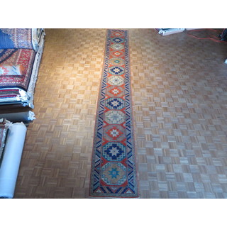 Hand-knotted Orangy Red Super Kazak with Wool Oriental Rug (2'7 x 18'8)