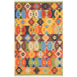 ecarpetgallery MAMARIS Green, Orange Wool Kilim (4'0 x 6'0)