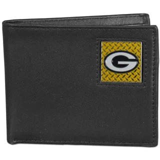 NFL Green Bay Packers Gridiron Black Leather Bifold Wallet in Gift Box