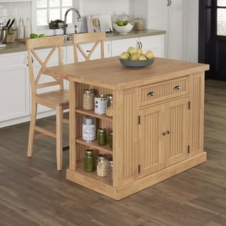 Home Styles Nantucket Natural Butcher Block Top Kitchen Island with 2 Stools