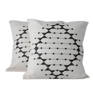 Pair of 2 Cotton Cushion Covers, 'Monochrome Galaxy' (India)