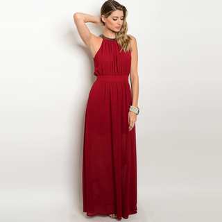 Shop The Trends Women's Wine Polyester Sleeveless Chiffon Maxi Gown With Beaded Neckline