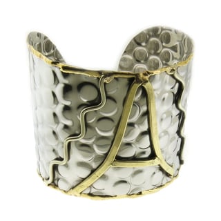 Handcrafted Wide Textured Stainless Steel Brass Script Initial Cuff Bracelet (India)