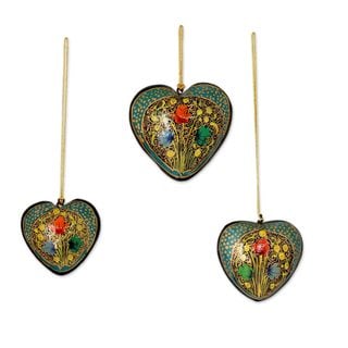 Set of 3 Papier Mache Ornaments, 'Floral Heart' (India)