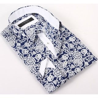Coogi Luxe 100% Cotton Men's Catalina Blue/White Flowers Patterned Dress Shirt