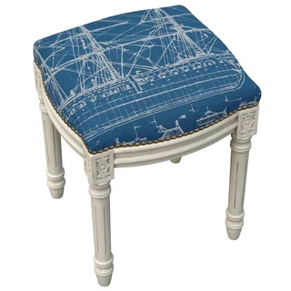 Ship Navy Blue and Antique-white-finished Wood, Foam, Linen, and Metal Nailhead Tall Vanity Stool