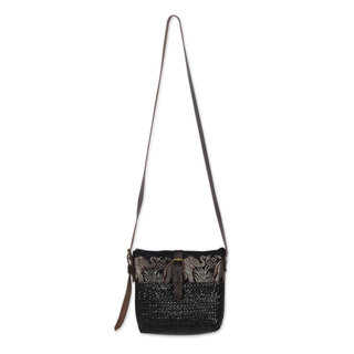 Natural Fibers With Leather Accent Shoulder Bag, 'Thai Elephant Parade on Black' (Thailand)