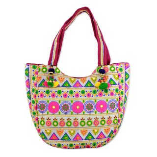 Embroidered Tote Handbag, 'Floral View' (India)