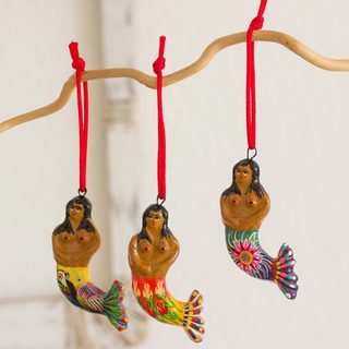 Set of 6 Handcrafted Ceramic 'Mermaid Goddesses' Ornaments (Guatemala)