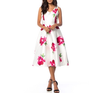 JED Women's Floral Polyester Sleeveless V-neck Fit and Flare Midi Dress