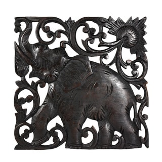 Victorious Elephant Hand Carved Square Teak Wood Wall Art 10inch (Thailand)
