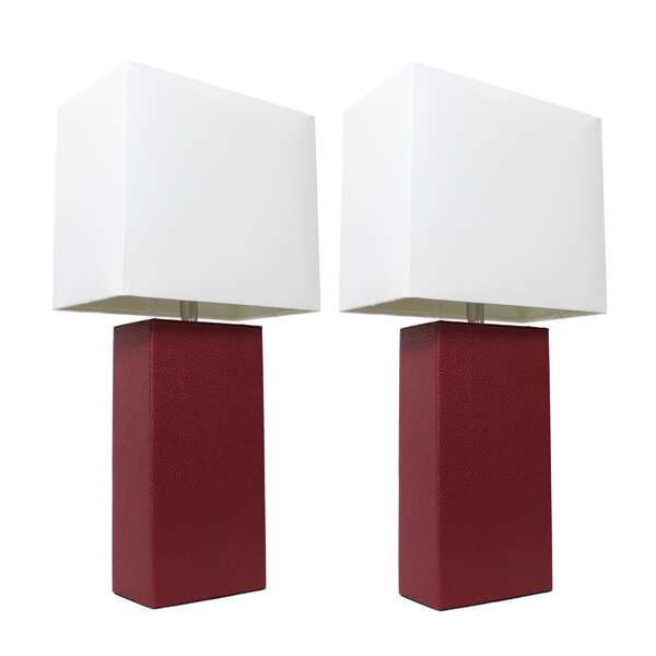 Elegant Designs Red Leather With White Fabric Shades Modern Table Lamps (Set of 2)