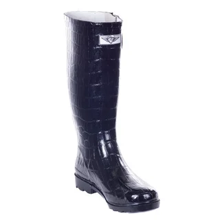 Forever Young Women's Glossy Black Rubber Croco Design 14-inch Low-heel Mid-calf Rain Boots