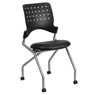 Black/Silvertone Leather/Metal Armless Mobile Nesting Chair