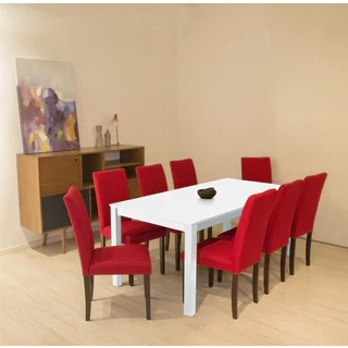 Shino Crimson Linen and White Wood 9-piece Dining Set
