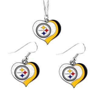 NFL Pittsburgh Steelers Sports Team Logo Glitter Heart Necklace and Earring Set Charm Gift