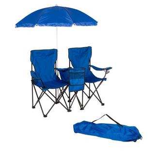 Trademark Innovations Blue Double Folding Camp Chair with Removable Umbrella and Cooler