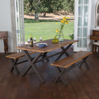 Farmhouse 3-piece Acacia Wood Picnic Dining Set by Christopher Knight Home