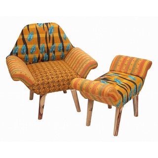 Orange/ Blue/ Black Kantha Chair and Ottoman Set (India)