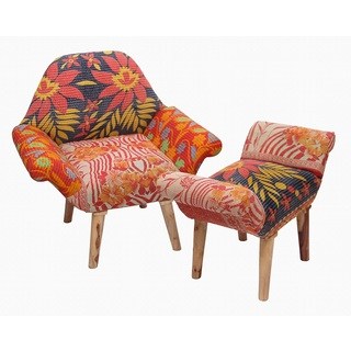Red/ Yellow/ Black Kantha Chair and Ottoman Set (India)