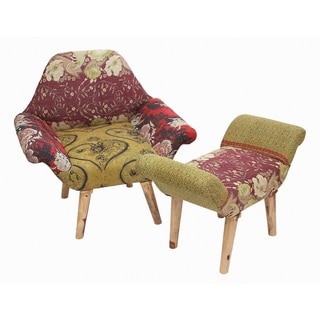 Red/ Black/ Yellow Kantha Chair and Ottoman Set (India)