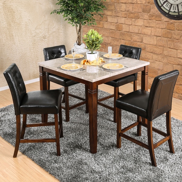 Furniture of America Terese 5-piece Genuine Marble Brown Cherry Counter Height Dining Set