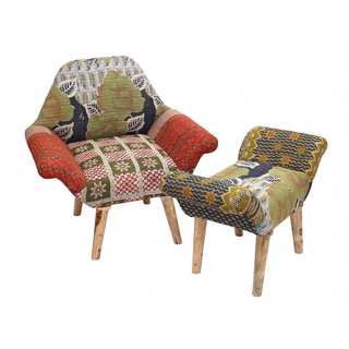 Green/ White/ Red Kantha Chair and Ottoman Set (India)