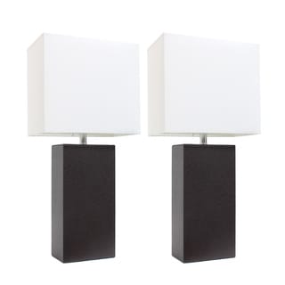 Elegant Designs 2 Pack Modern Brown Leather Table Lamps with White Fabric Shades