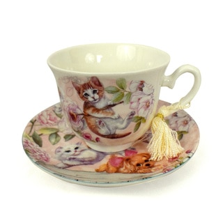 Pink Kittens Porcelain Tea Cup and Saucer Set with Keepsake Box