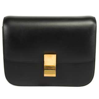 Celine Box Classic Medium Black Calfskin w/ Gold Hardware Shoulder Handbag