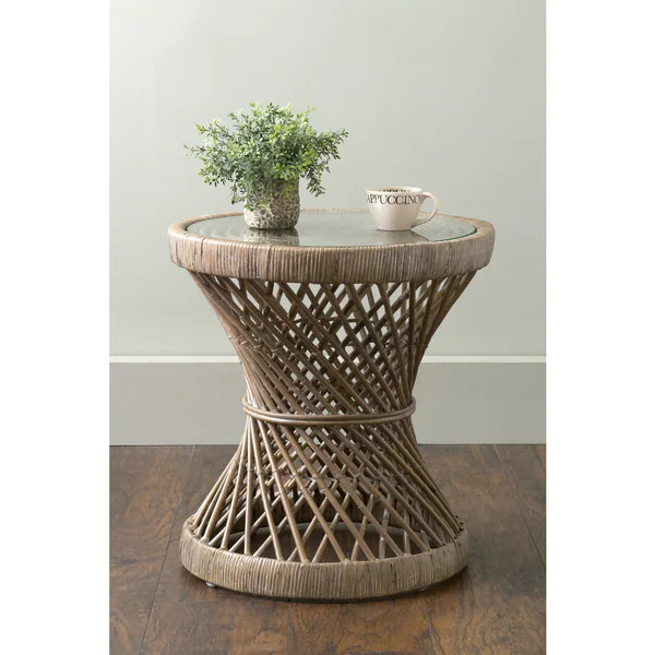 Rattan Hourglass Accent Table with Glass Top