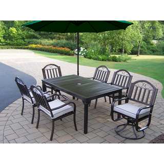 Hometown 8 Pc Dining Set with Rectangle Table, 4 Cushioned Chairs, 2 Cushioned Swivel Chairs and Green Umbrella with Base