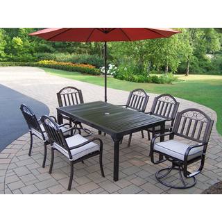 Hometown 8 Pc Dining Set with Table, 4 Cushioned Chairs, 2 Cushioned Swivel Chairs and Orange Umbrella with Base