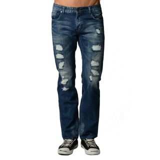 Men's Distressed Dark Blue Denim 5-pocket Jeans