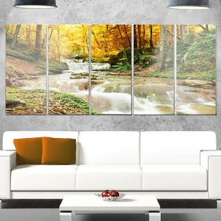 Designart 'Forest Waterfall with Yellow Trees' Landscape Artwork Glossy Metal Wall Art