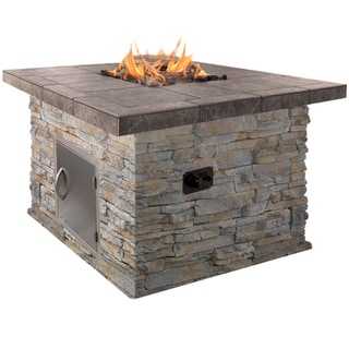 48-inch Natural Stone Propane Gas Fire Pit in Gray with Log Set and Lava Rocks